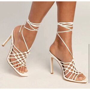 Lulus Brendan White Knotted Lace-Up High Heel Sandals White Sz 9